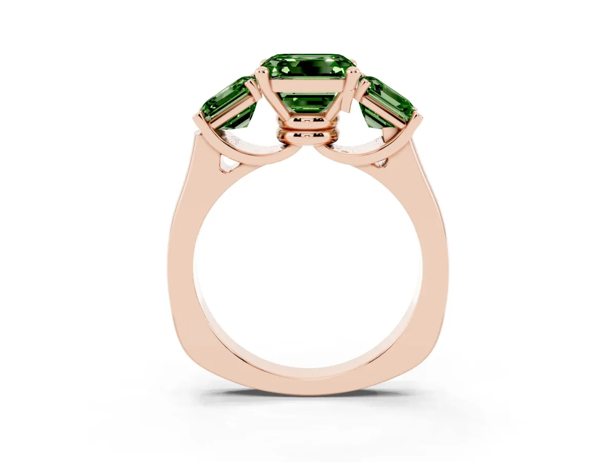 Fancy Green Three-Stone Asscher Cut Brilliant Diamond Trellis Ring with Comfort Fit Band Rose gold