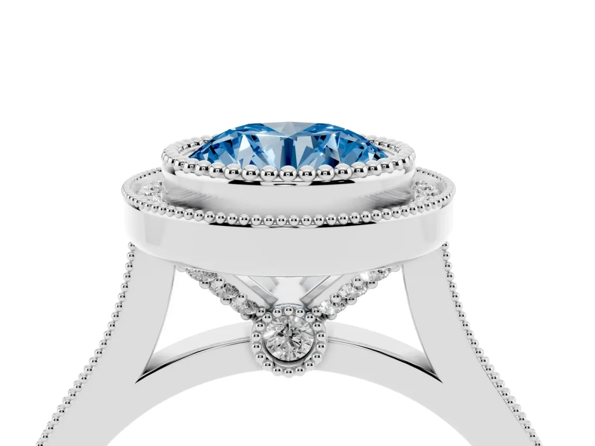 Fancy Blue Round Cut Diamond Halo Ring with Milgrain Frame and Pavé Band White gold