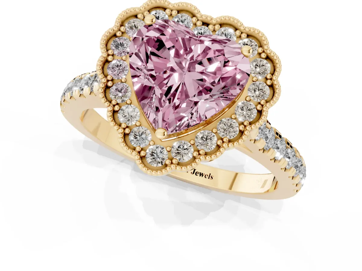 Fancy Pink Heart Cut Cut Diamond Milgrain Floral Halo Engagement Ring with Pavé Band Yellow gold