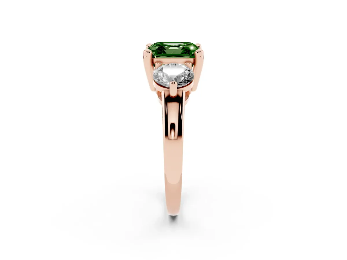 Fancy Green Three-Stone Asscher Cut Brilliant Cut Solitaire Ring with Prong Setting on a Classic Band Rose gold
