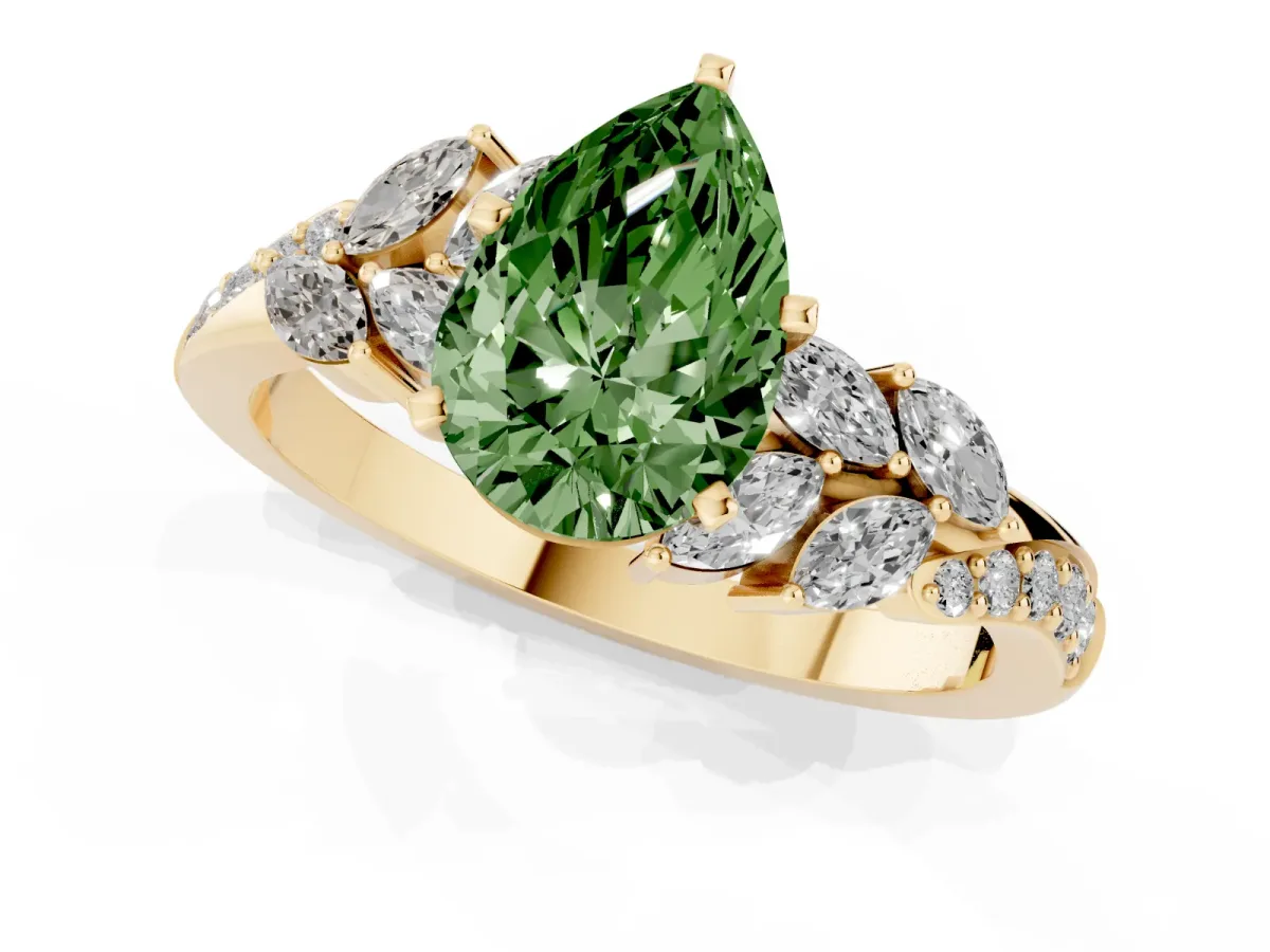 Fancy Green Pear Cut Solitaire Marquise Twist Band with Six-Prong Setting Yellow gold