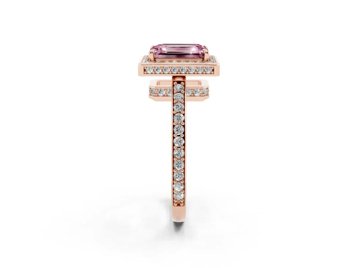 Fancy Pink Emerald Cut Halo Pave Band Solitaire Ring with Prong Setting Rose gold