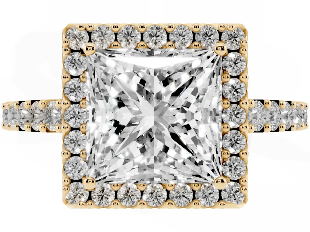 Princess Cut Halo Diamond Pavé Solitaire Ring Yellow gold