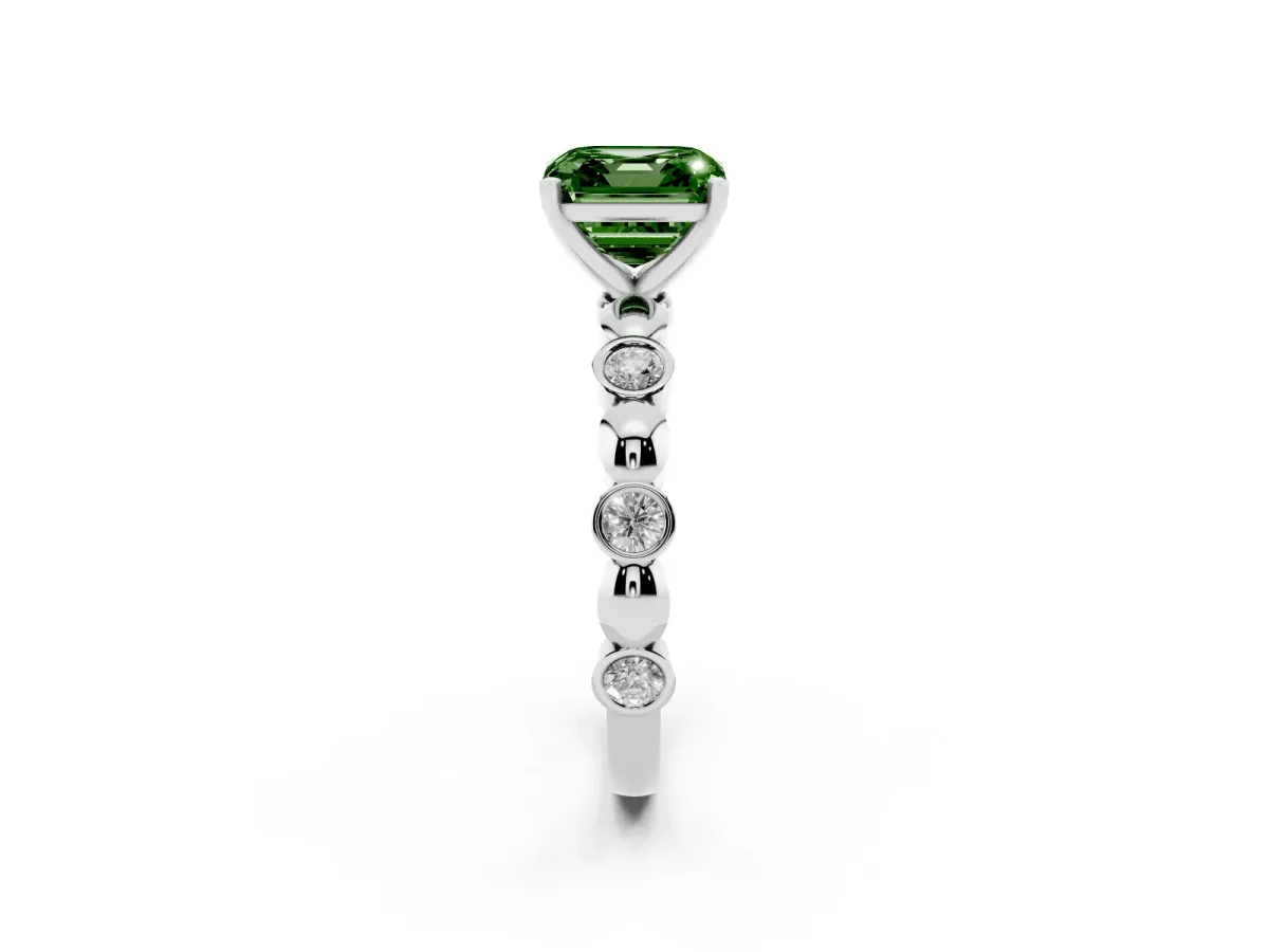 Fancy Green Asscher Cut Solitaire Bezel-Set Diamond Ring with Beaded Band and Four-Prong Setting Silver