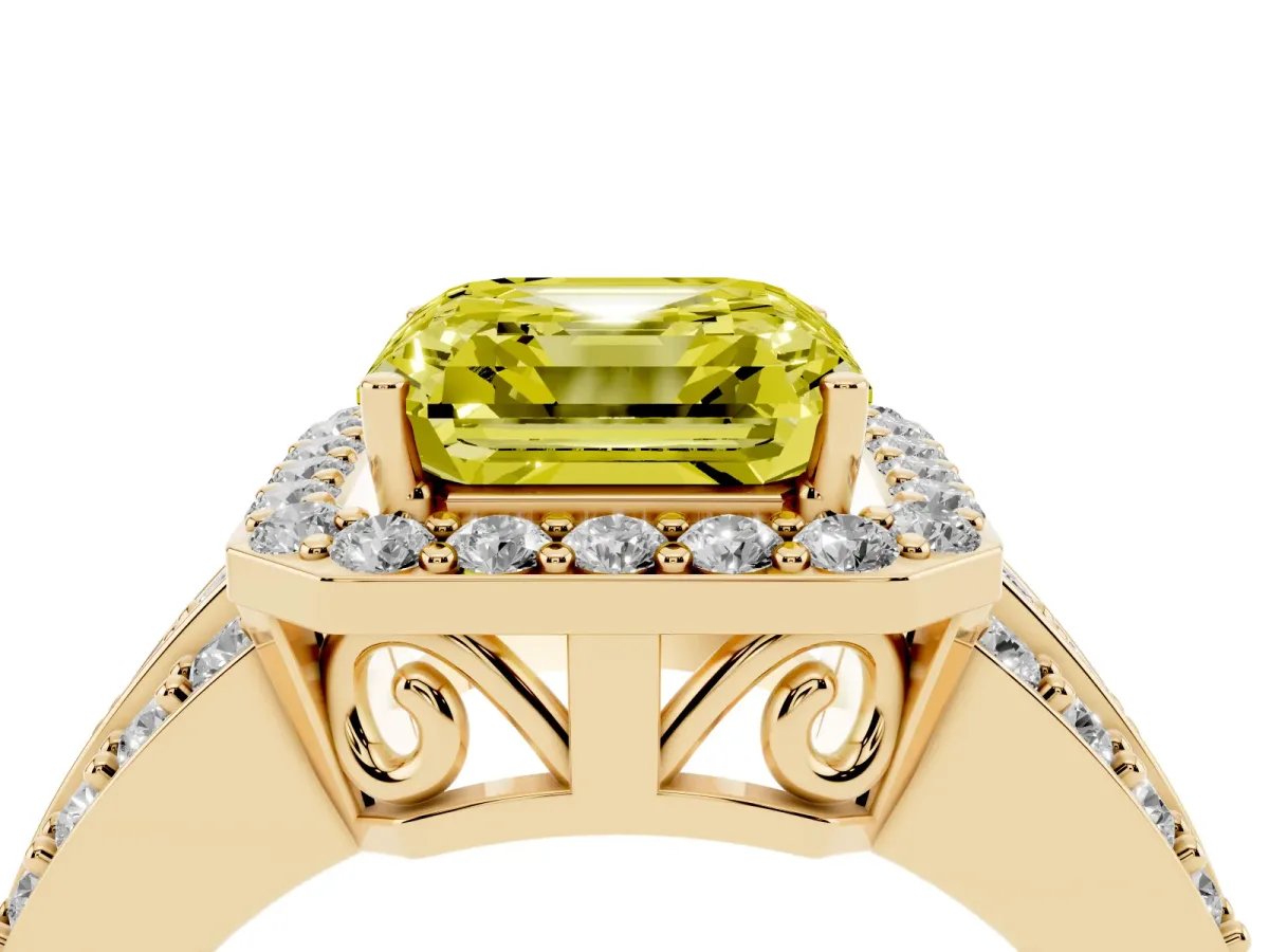 Fancy Yellow Asscher Cut Halo Diamond Ring with Round Split Shank and Prong Setting Yellow gold