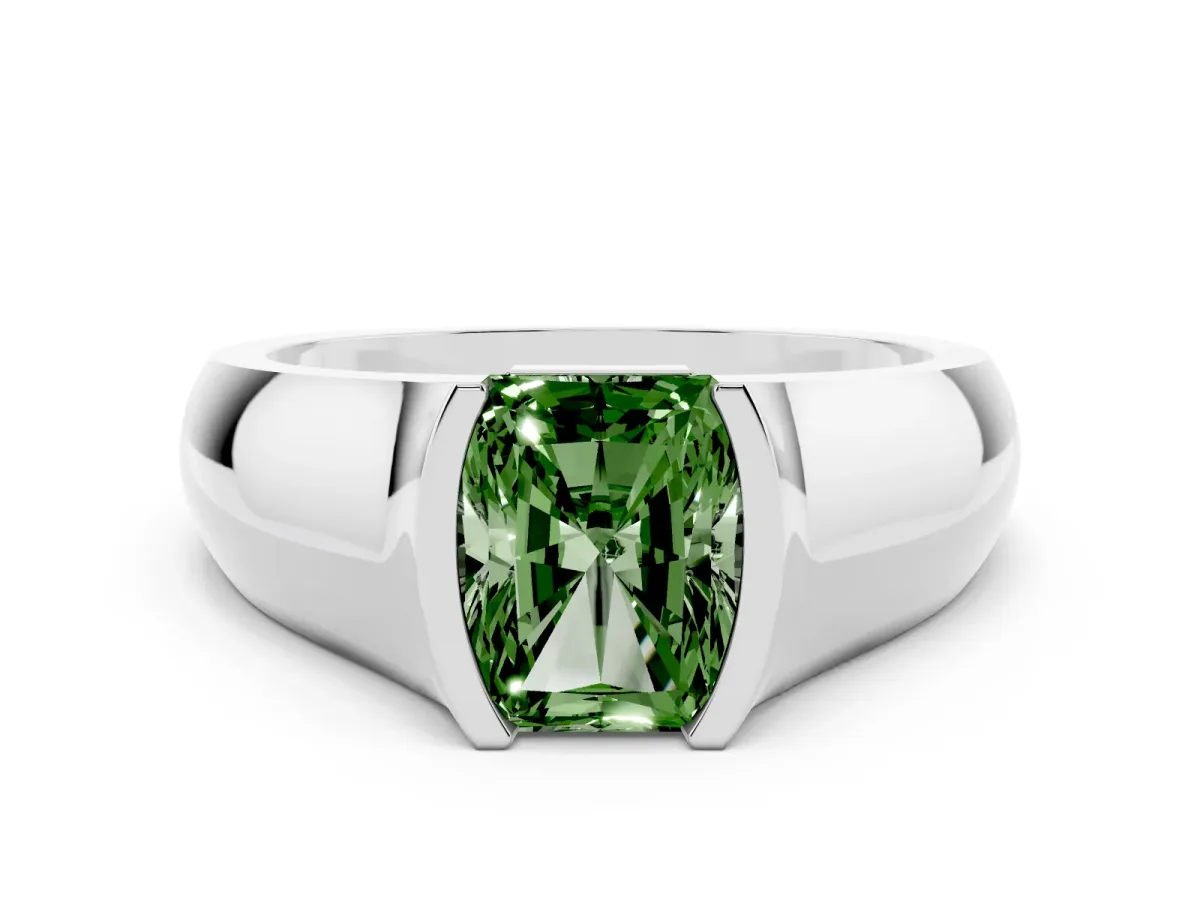 Fancy Green Radiant Cut Solitaire Bezel Set Diamond Ring with Wide Band Silver
