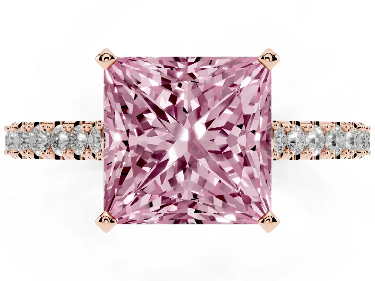 Fancy Pink Princess Cut Cut Solitaire Diamond Engagement Ring with Pave Band and Four-Prong Setting Rose gold