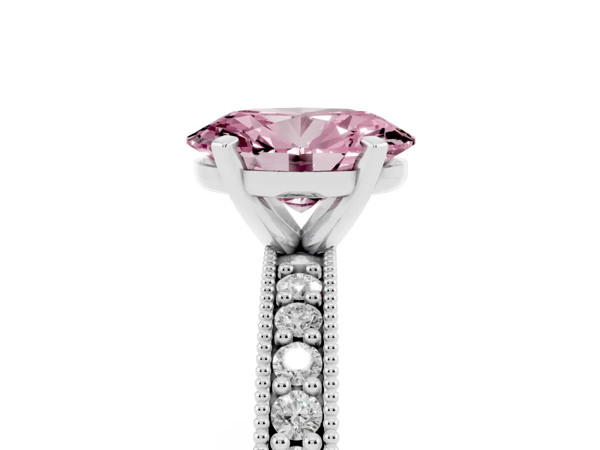 Fancy Pink Oval Cut Diamond Milgrain Pavé Engagement Ring with Four-Prong Setting Silver
