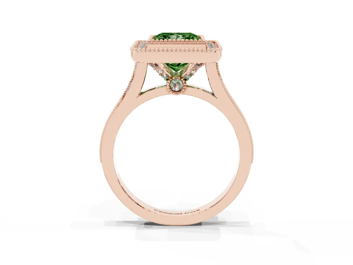 Fancy Green Princess Cut Diamond Halo Ring with Milgrain Frame and Pavé Band Rose gold