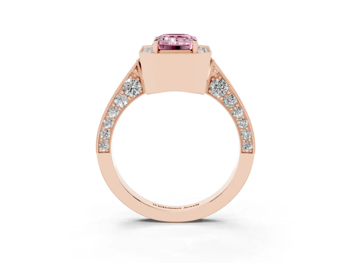 Fancy Pink Emerald Cut Halo Diamond Engagement Ring with Split Shank Band and Four-Prong Setting Rose gold