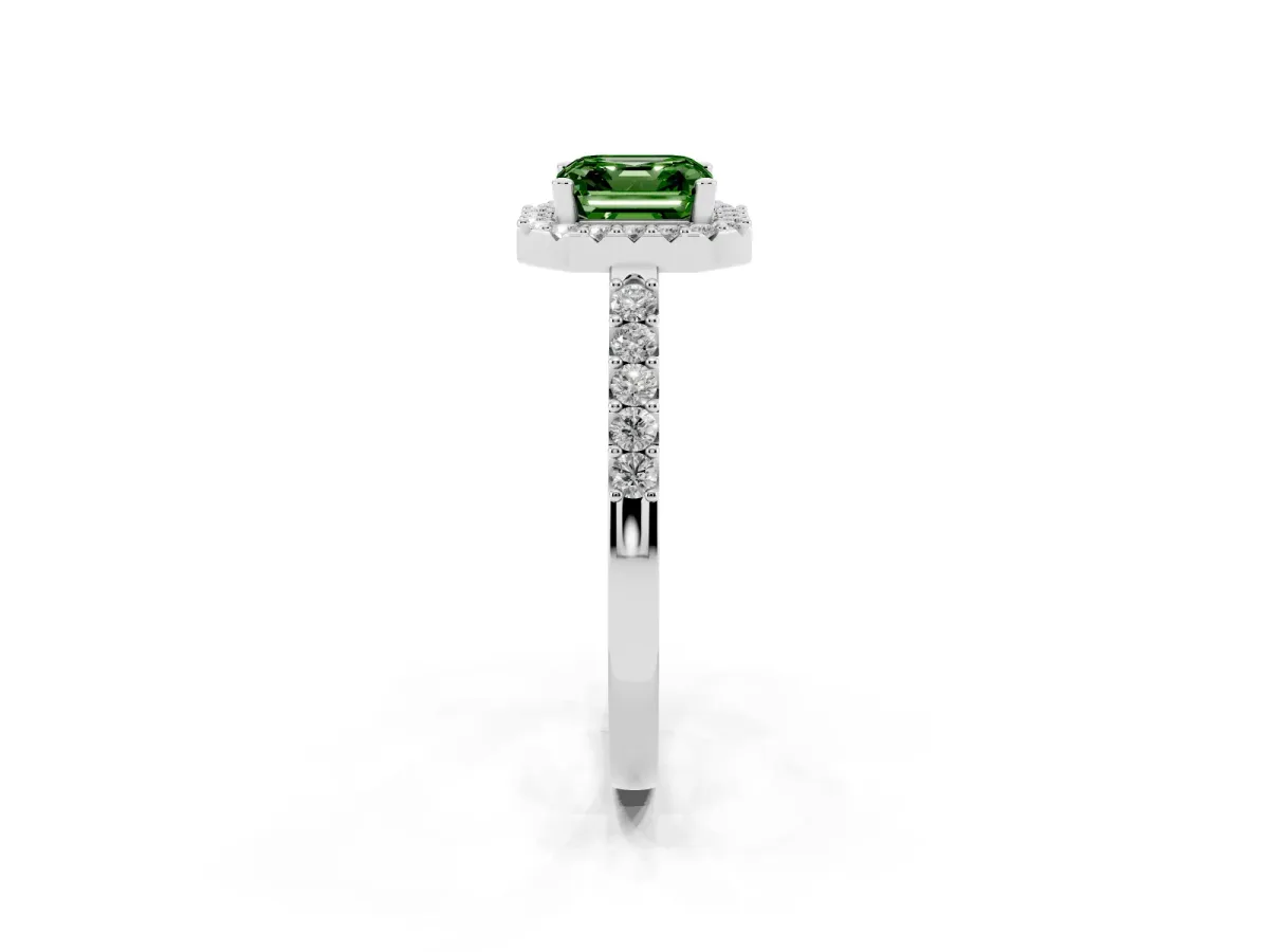 Fancy Green Asscher Cut Halo Diamond Pavé Solitaire Ring Silver