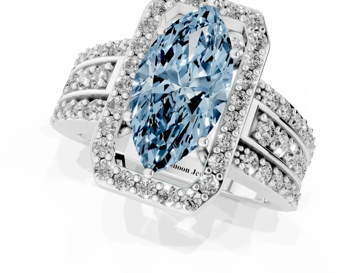 Fancy Blue Marquise Cut Halo Diamond Ring with Round Split Shank and Prong Setting Platinum