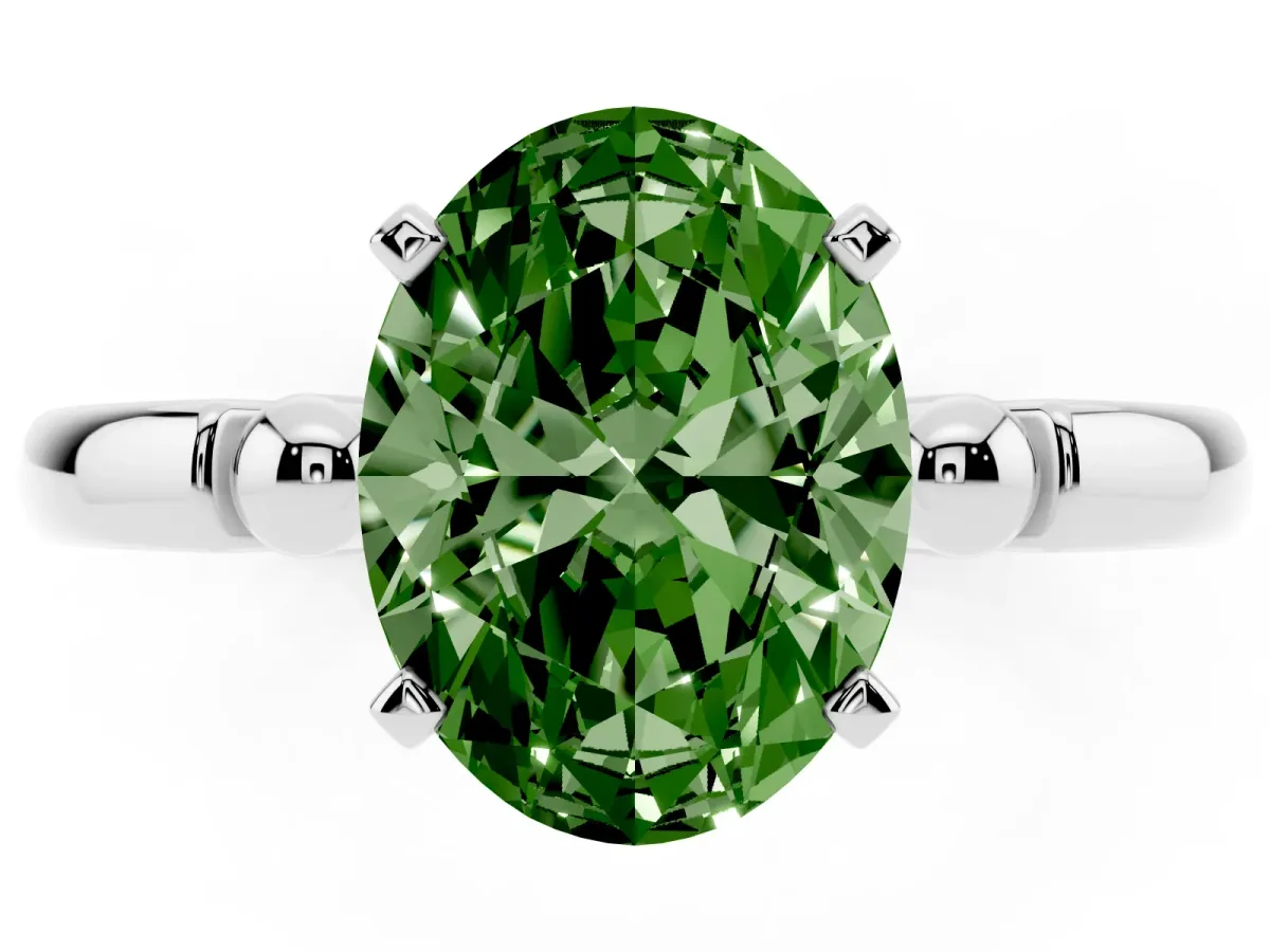 Fancy Green Oval Cut Solitaire Beaded Band with Four-Prong Setting Platinum