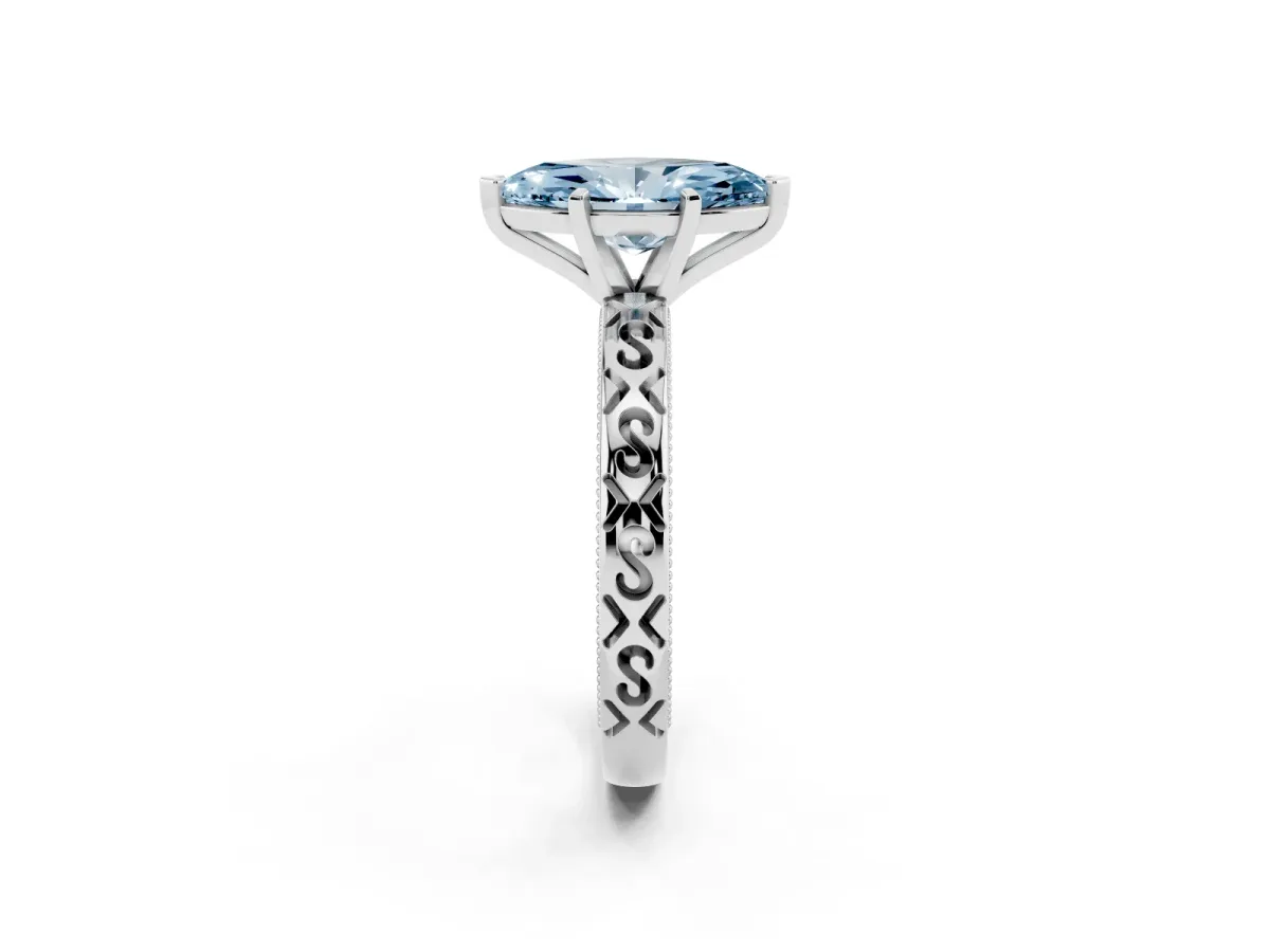 Fancy Blue Marquise Cut Solitaire Engagement Ring with Scrollwork Band and Four-Prong Setting Silver