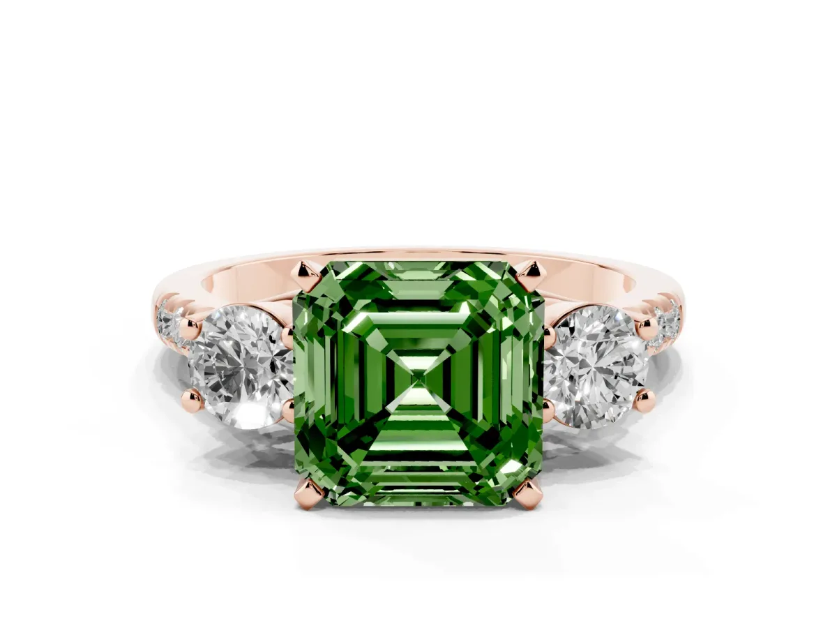 Fancy Green Three-Stone Asscher Cut Diamond Pavé Band with Four-Prong Setting Rose gold