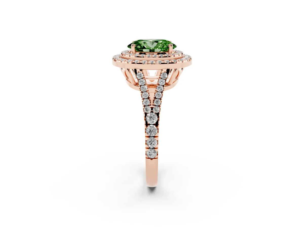 Fancy Green Oval Cut Diamond Double Halo Ring with Pavé Band and Prong Setting Rose gold