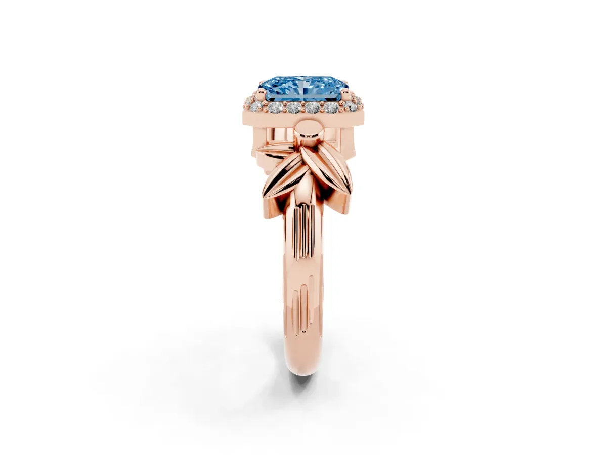 Fancy Blue Radiant Cut Halo Diamond Floral Band with Four-Prong Setting Rose gold