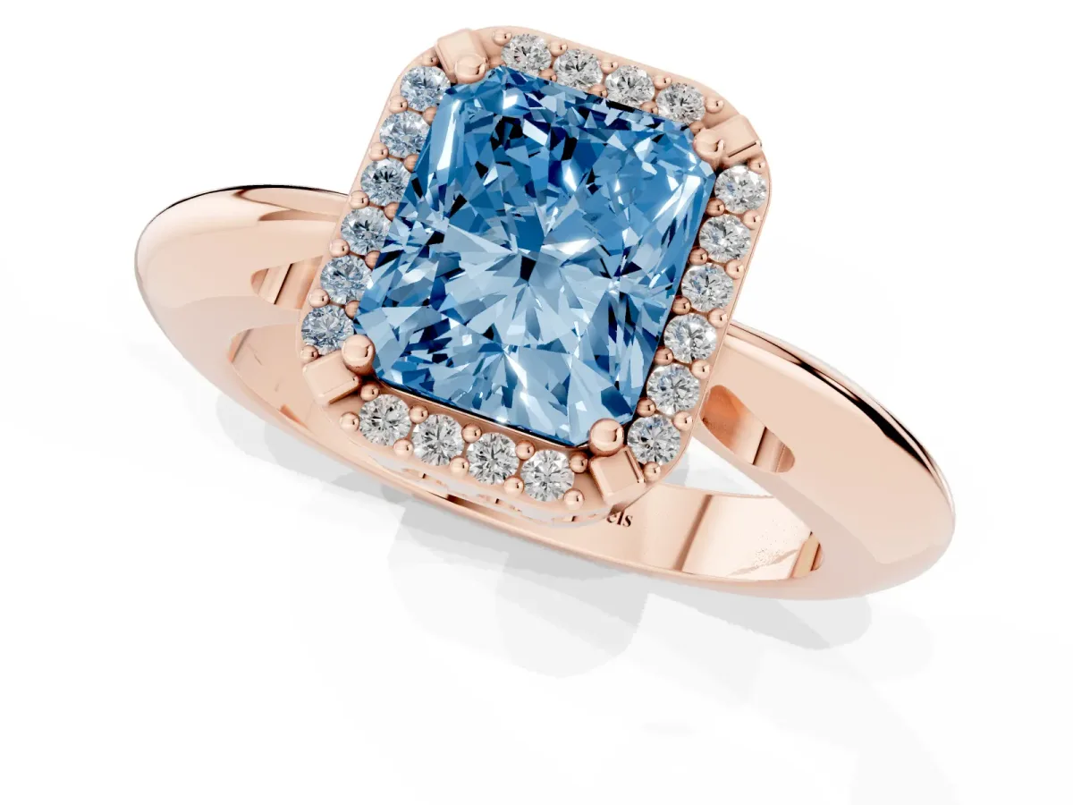 Fancy Blue Radiant Cut Cut Diamond Halo Engagement Ring with Split Shank and Four-Prong Setting Rose gold