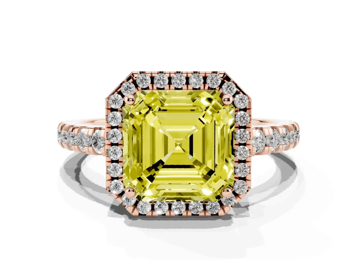 Fancy Yellow Asscher Cut Diamond Halo Ring with Pavé Band and Four-Prong Setting Rose gold