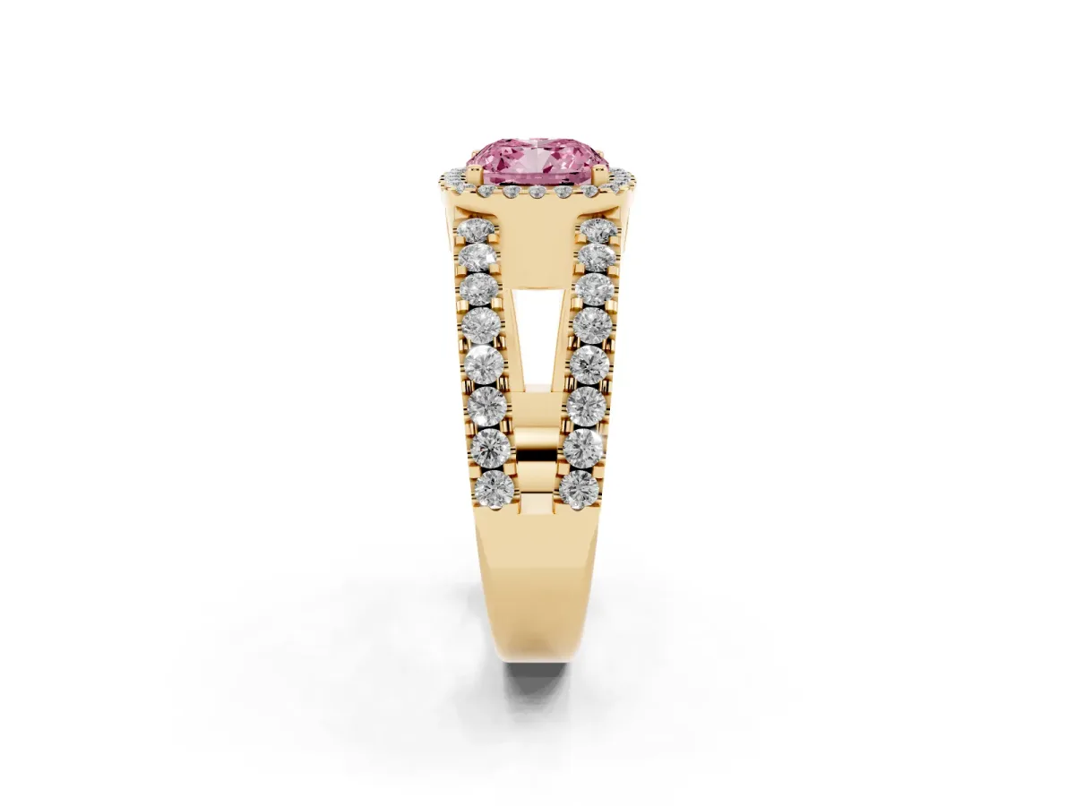 Fancy Pink Cushion Cut Cut Halo Split Shank Diamond Ring with Four-Prong Setting Yellow gold