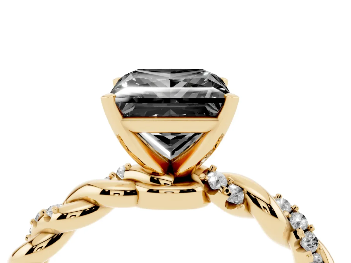 Fancy Black Princess Cut Diamond Solitaire Ring with Twisted Band and Pavé Accents Yellow gold