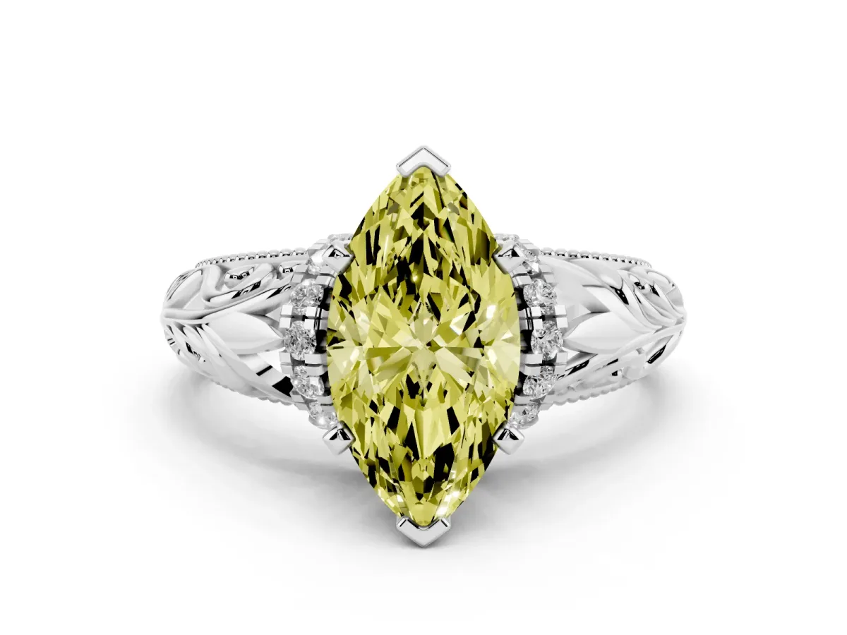 Fancy Yellow Marquise Cut Solitaire Filigree Engagement Ring with Halo and Prong Setting White gold