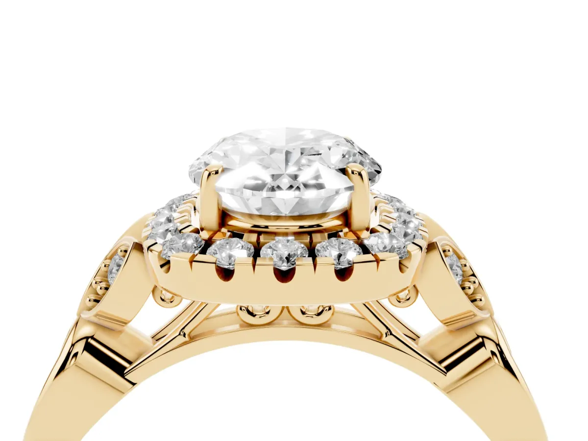 Oval Cut Halo Diamond Engagement Ring with Vintage-Inspired Band and Four-Prong Setting Yellow gold