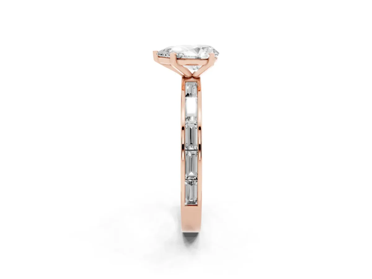 Pear Cut Solitaire Diamond Ring with Channel-Set Baguette Band and Four-Prong Setting Rose gold