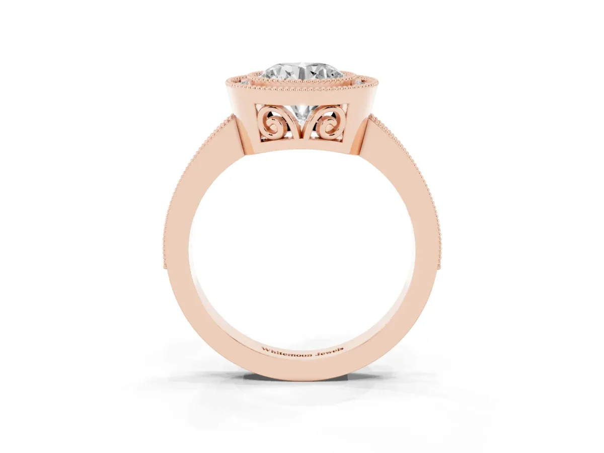 Round Cut Cut Halo Diamond Ring with Pavé Band and Milgrain Prong Setting Rose gold