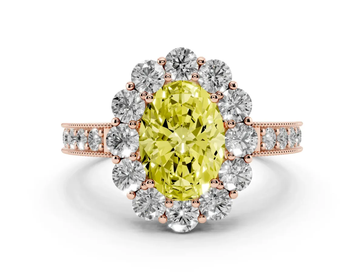 Fancy Yellow Oval Cut Cut Halo Diamond Pavé Engagement Ring with Milgrain Detailing Rose gold