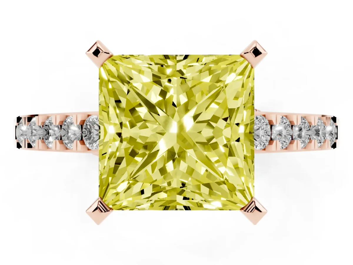 Fancy Yellow Princess Cut Diamond Solitaire Ring with Crossover Gallery and Round Pavé Band Rose gold