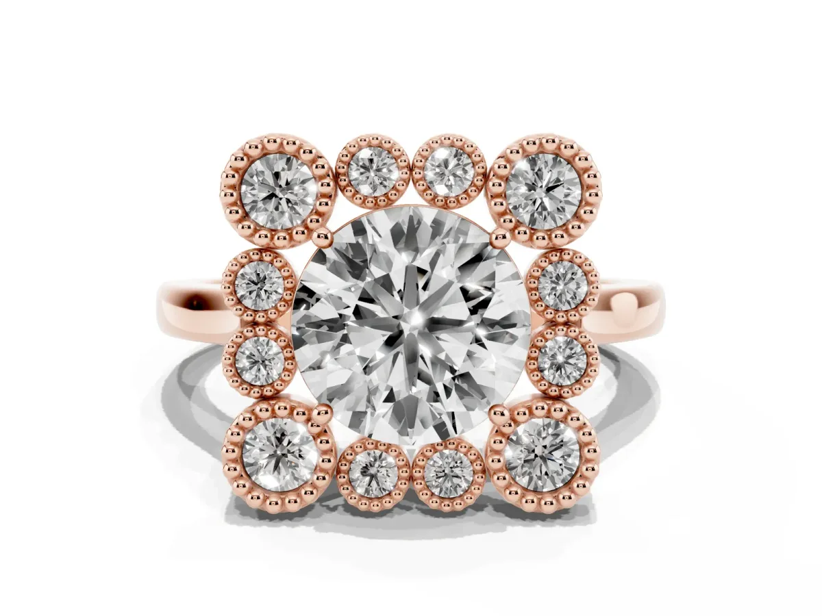 Round Cut Halo Diamond Cluster Engagement Ring with Milgrain Bezel Setting and Solitaire Band Rose gold