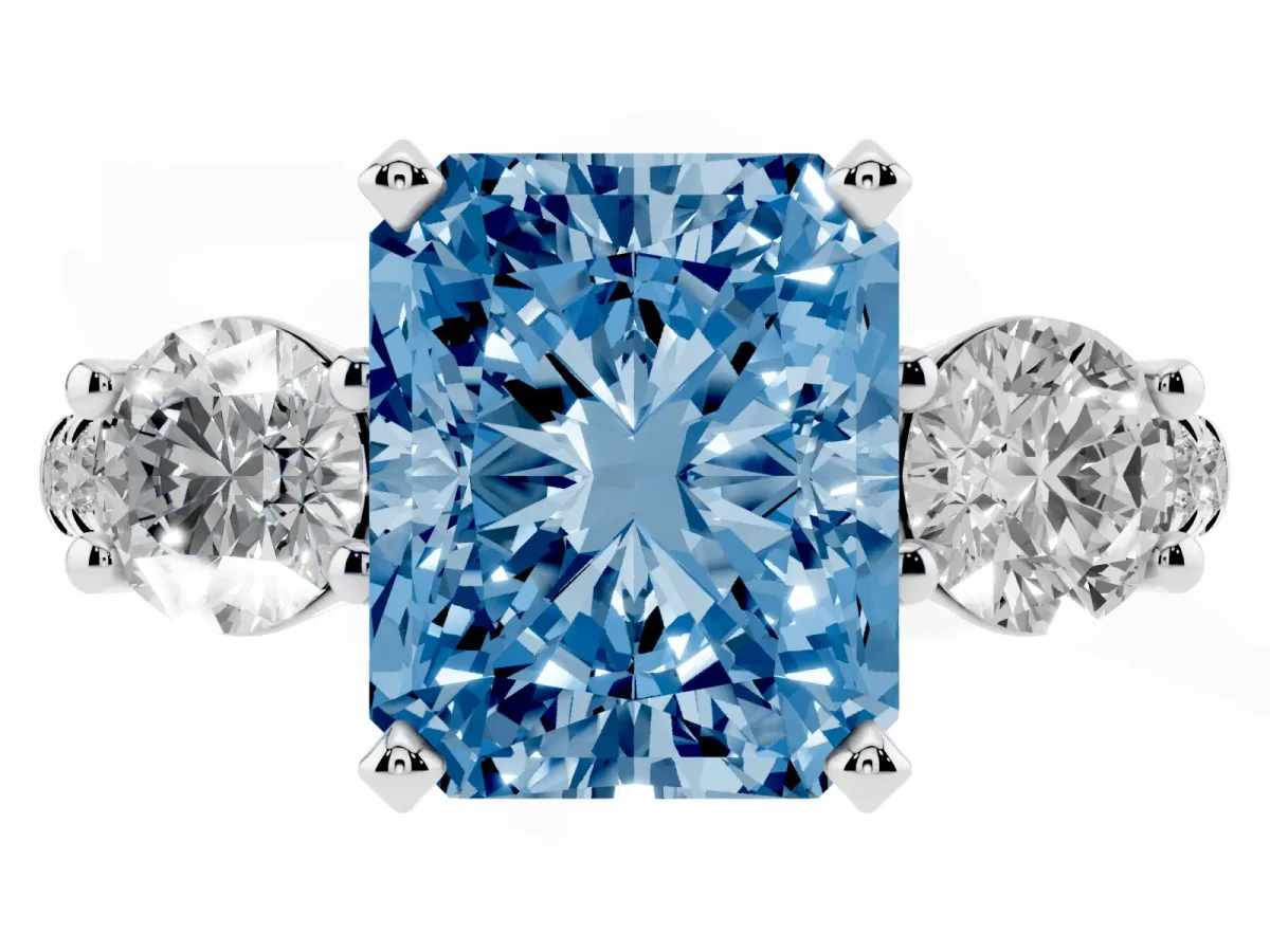Fancy Blue Three-Stone Radiant Cut Diamond Pavé Band with Four-Prong Setting Platinum