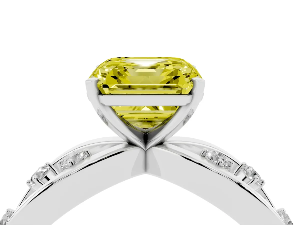 Fancy Yellow Asscher Cut Cut Solitaire Diamond with Side Stones on Criss-Cross Band and Four-Prong Setting White gold