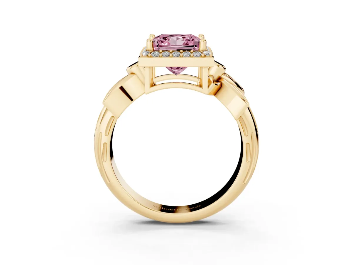 Fancy Pink Princess Cut Halo Diamond Floral Band with Four-Prong Setting Yellow gold
