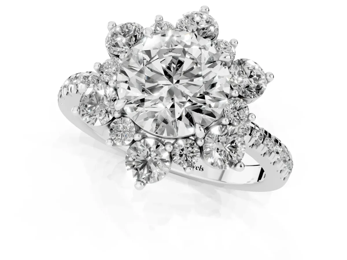 Round Cut Diamond Floral Halo Ring with Round Pavé Band and Prong Setting White gold
