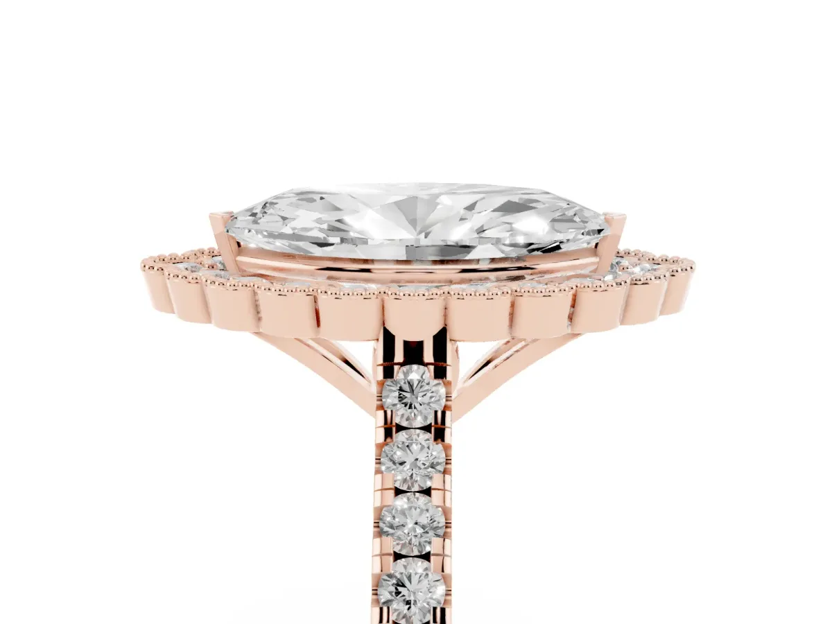 Marquise Cut Cut Diamond Milgrain Floral Halo Engagement Ring with Pavé Band Rose gold
