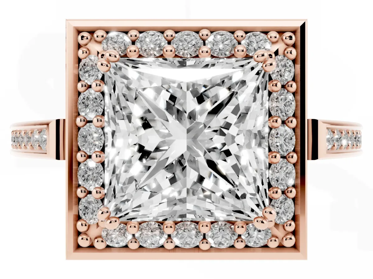 Princess Cut Diamond Halo Ring with Split Shank and Four-Prong Setting Rose gold