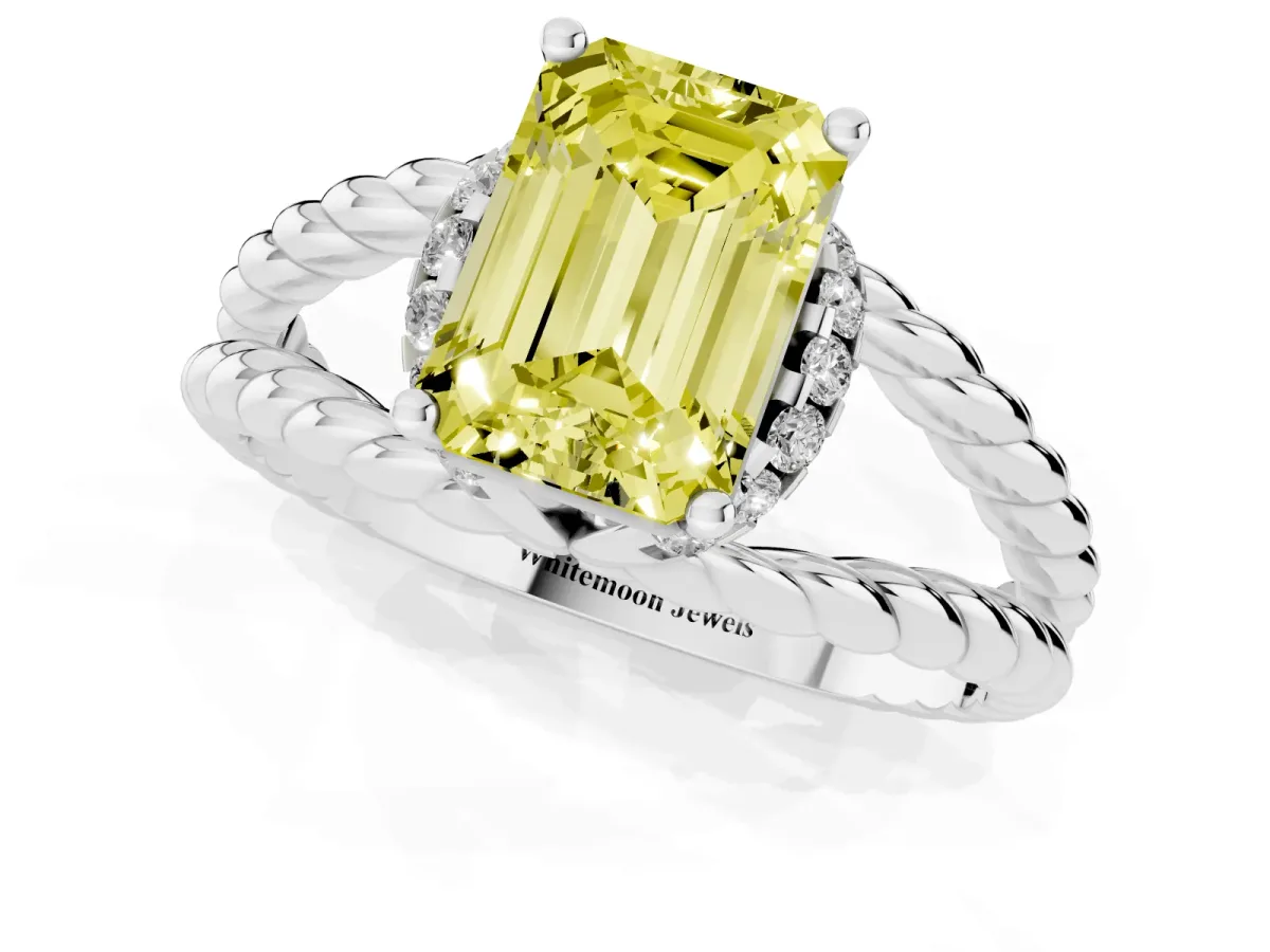 Fancy Yellow Emerald Cut Halo Twisted Band Four-Prong Ring Silver