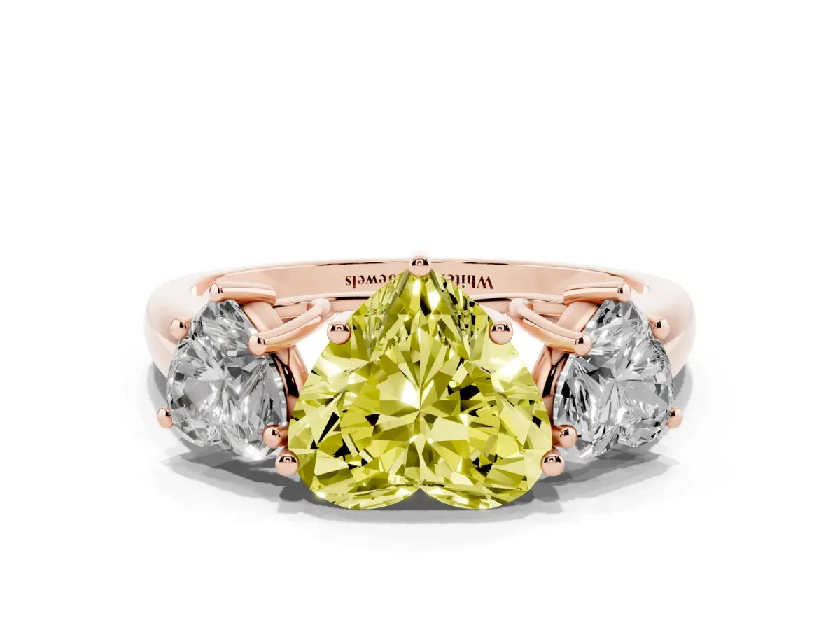 Fancy Yellow Three-Stone Heart Cut Diamond Engagement Ring with Prong Setting Rose gold