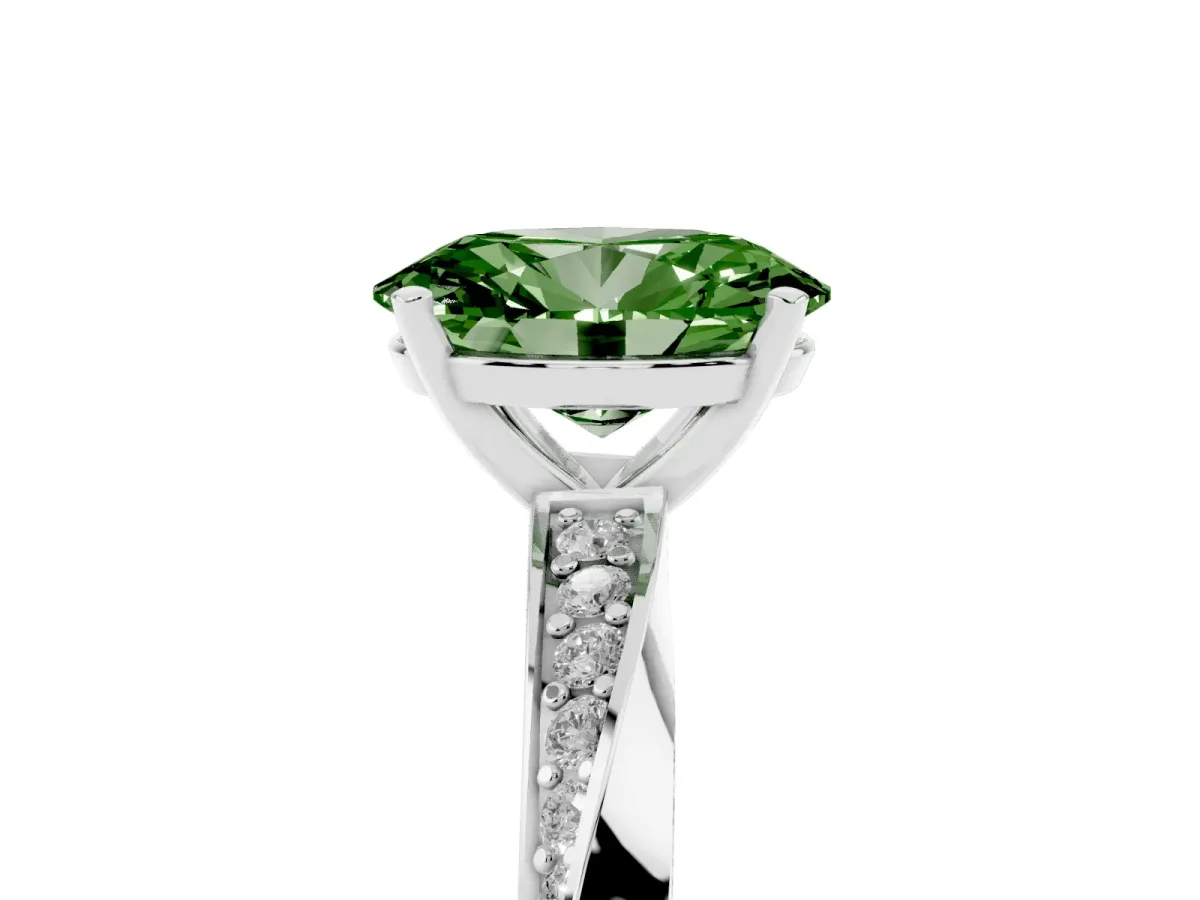 Fancy Green Oval Cut Diamond Engagement Ring with Side Stone Accents and Four-Prong Setting Platinum
