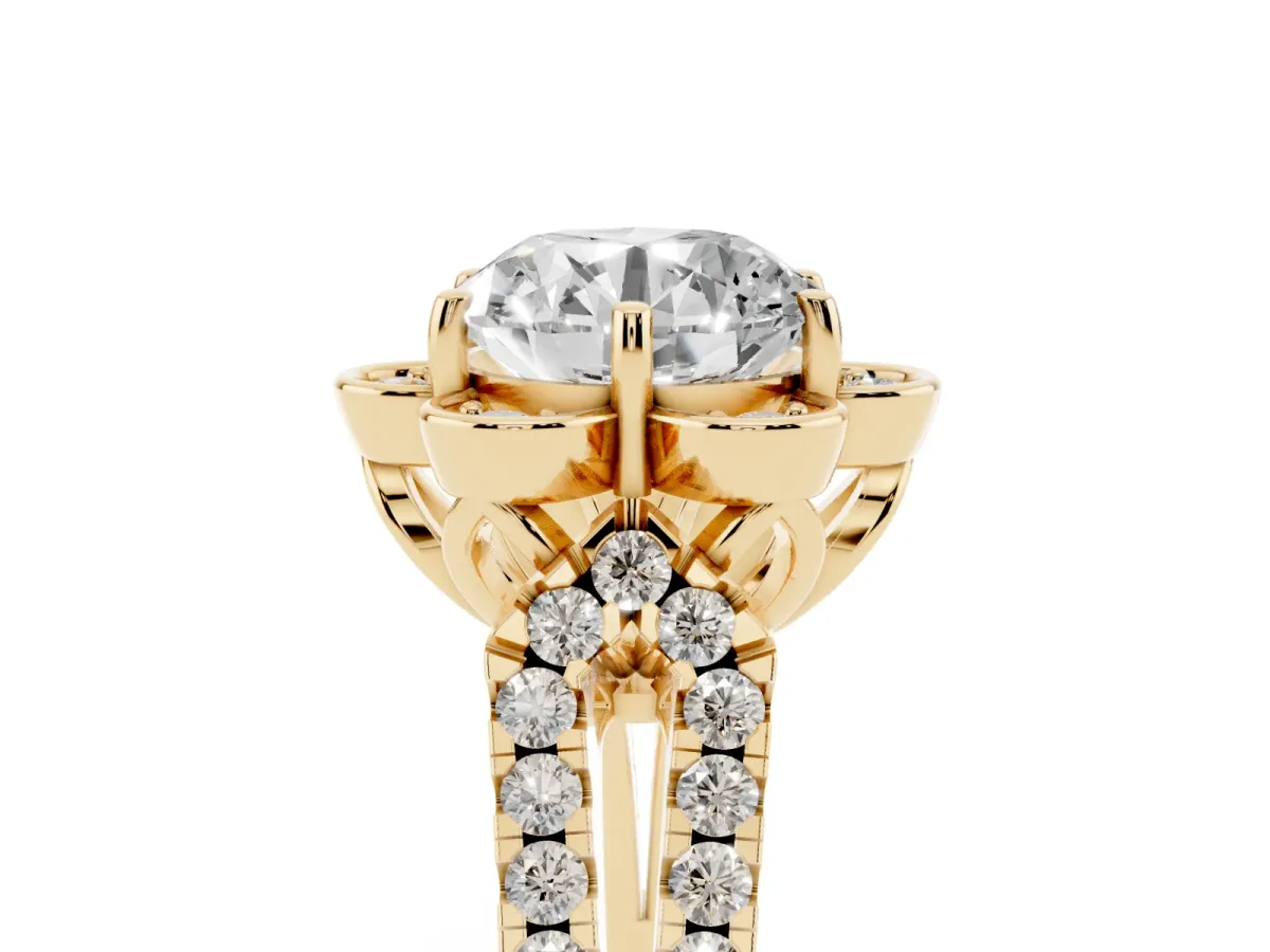 Round Cut Halo Diamond Floral Split Shank Engagement Ring Yellow gold