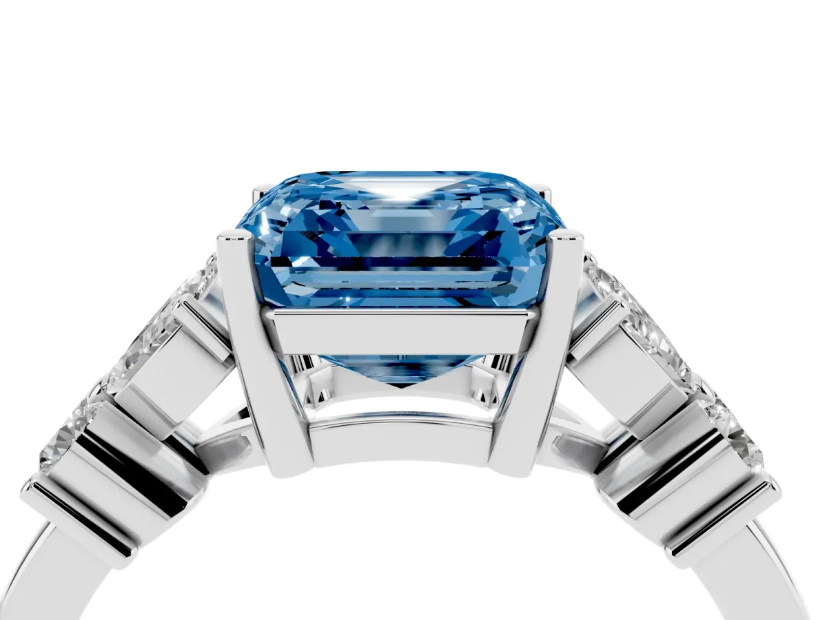 Fancy Blue Princess Cut Diamond Floral Cluster Ring with Solitaire Band and Prong Setting Platinum