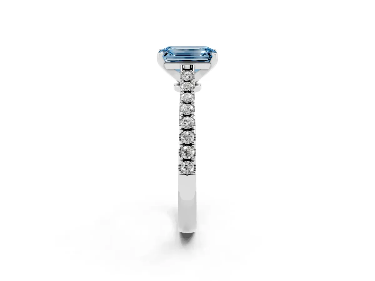Fancy Blue Emerald Cut Cut Solitaire Diamond Engagement Ring with Pave Band and Four-Prong Setting Silver