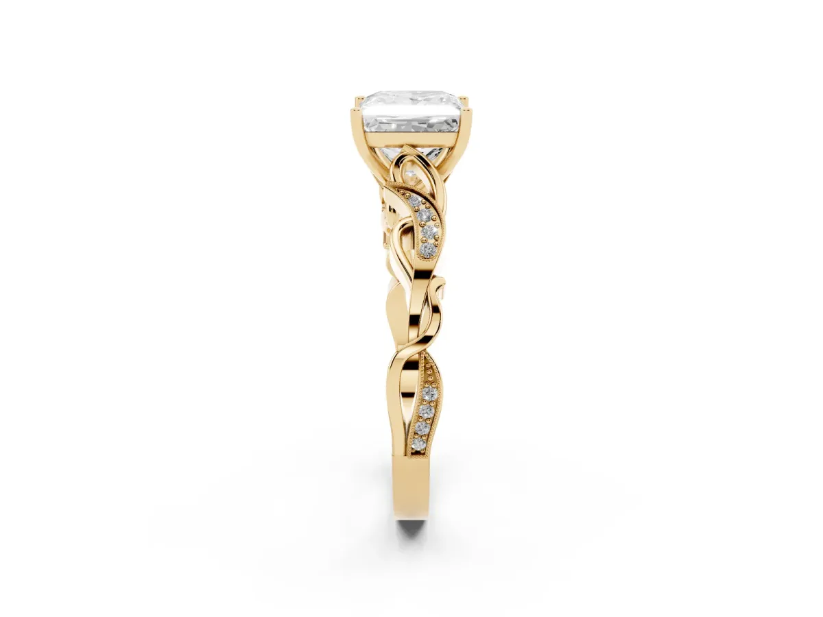 Princess Cut Solitaire Vine Band with Milgrain Prong Setting Yellow gold