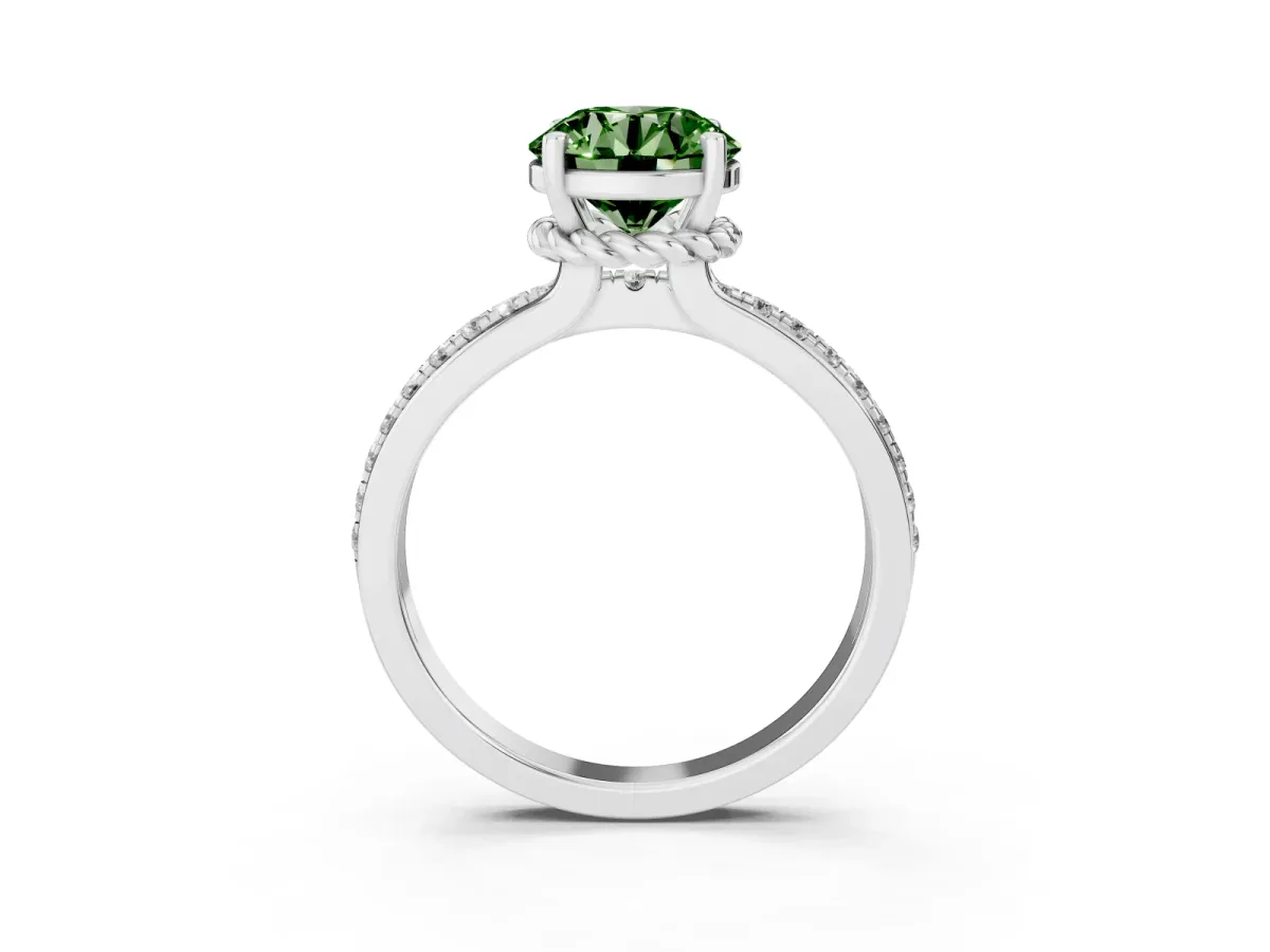 Fancy Green Round Cut Solitaire Diamond Ring with Channel Set Band and Six-Prong Setting Silver