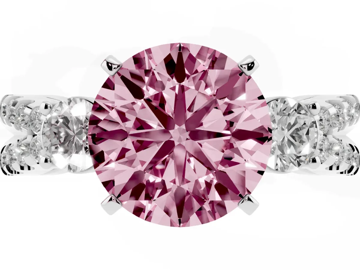 Fancy Pink Round Cut Diamond Three-Stone Ring with Pavé Split Shank and Four-Prong Setting Silver