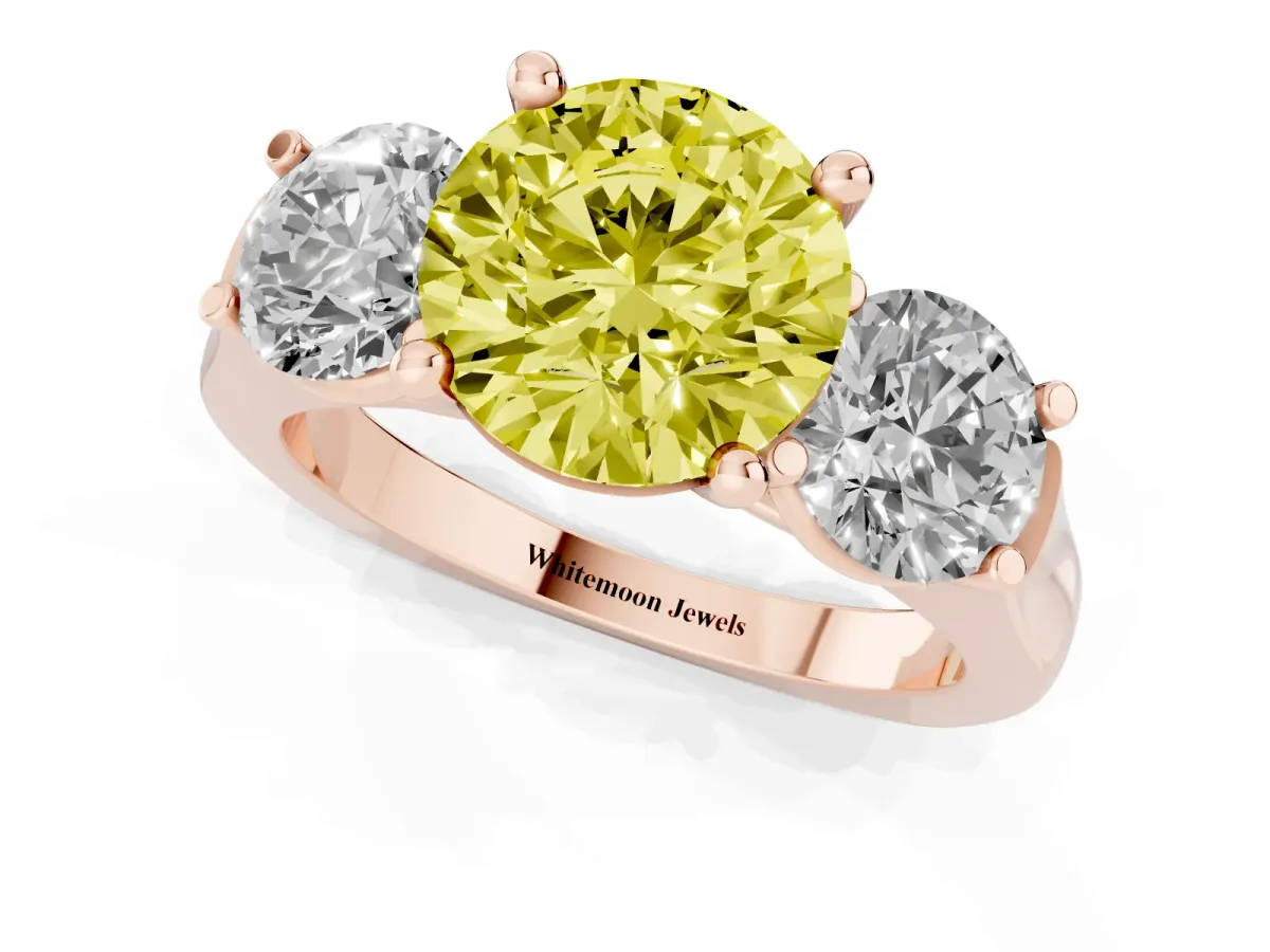 Fancy Yellow Three-Stone Round Cut Brilliant Diamond Trellis Ring with Comfort Fit Band Rose gold
