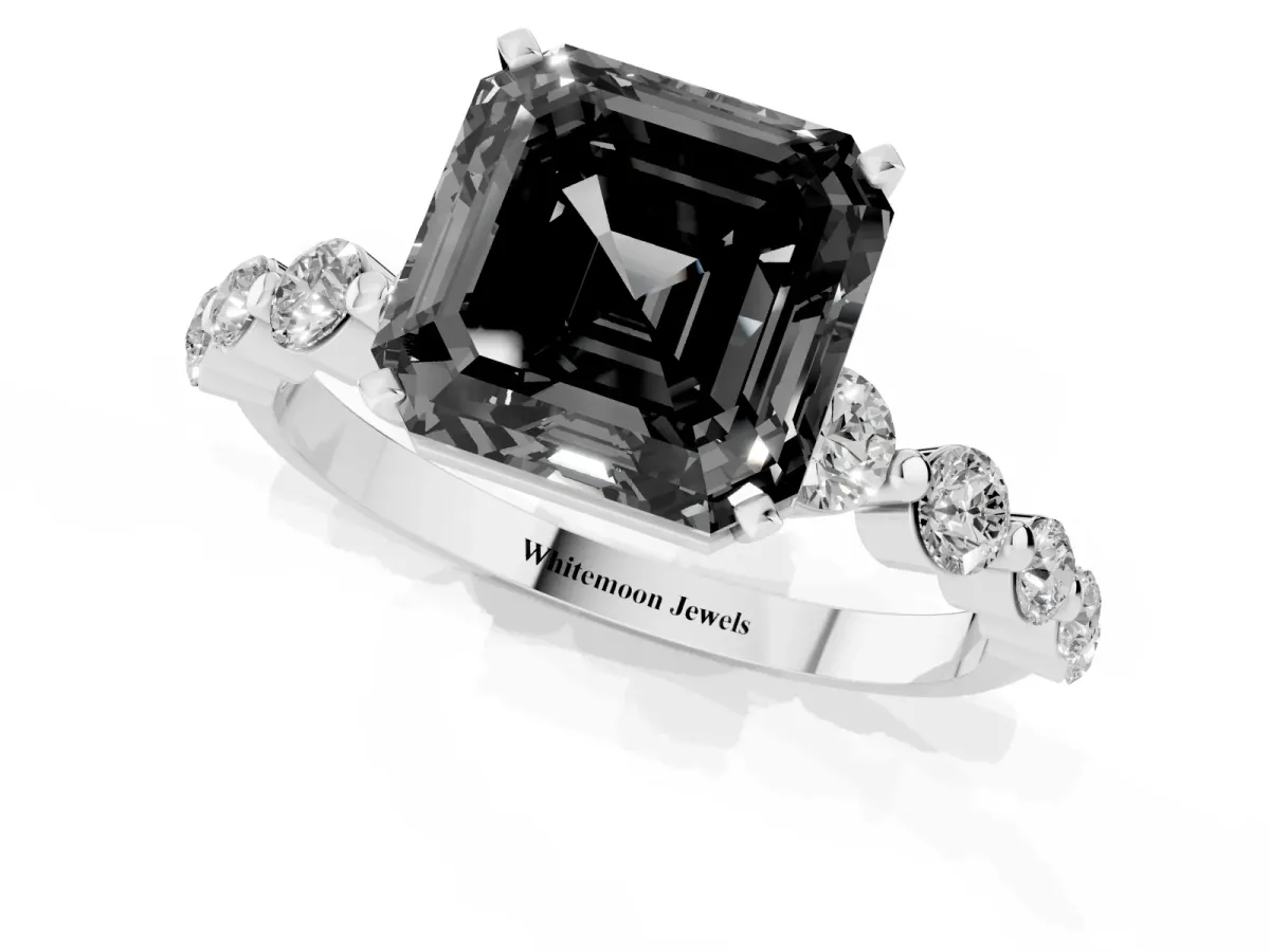 Fancy Black Asscher Cut Solitaire Diamond Ring with Pave Band and Four-Prong Setting Silver