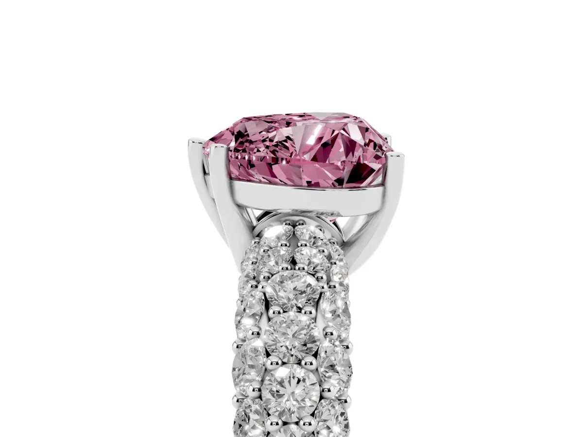 Fancy Pink Heart Cut Diamond Pavé Band Solitaire Ring with Four-Prong Setting White gold